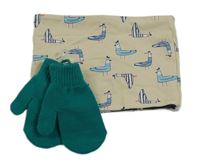2set - Béžový bavlněný oboustranný nákrčník s racky + zelené palcové rukavice