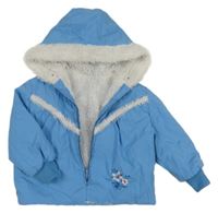 Světlemodrá šusťková zimní bunda s květem a kapucí 