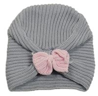 Šedá turbanová čepice s mašlí 