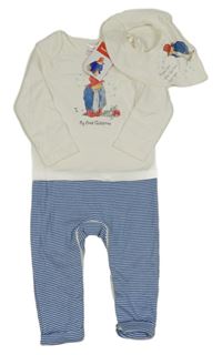 Nové - 2set - Bílo-modrý overal s pruhy a Paddingtonem + bryndák s Paddingtonem 