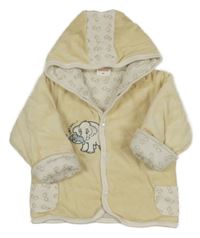 Béžová sametová zateplená propínací mikina se slonem a kapucí 