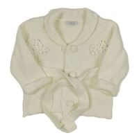 Smetanový propínací svetr s květy a páskem 