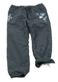 Antracitové šusťákové zateplené kalhoty s květy Topolino