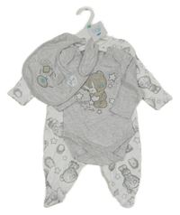 Nové - 3set - Šedé body s medvídkem + šedý bryndák + bílý overal s medvídky - Tiny tatty teddy 