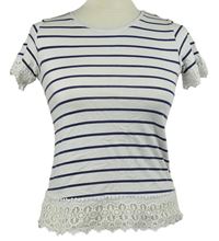 Dámské bílo-tmavomodré pruhované crop tričko s krajkou Dorothy Perkins 