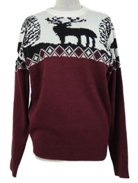Pánský bílo-vínový vzorovaný svetr s jeleny Boohoo 