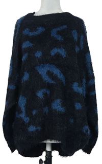 Dámský černo/modrý vzorovaný chlupatý svetr 