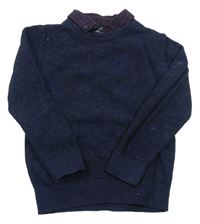 Tmavomodrý melírovaný svetr s výšivkou a košilovým límcem Next