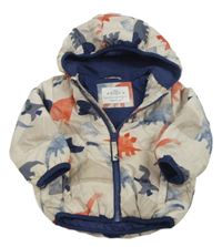 Světlebéžová šusťáková prošívaná zateplená bunda s dinosaury a kapucí M&S