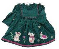 Tmavozelené manšestrové šaty se zvířátky Monsoon