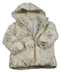 Smetanová vzorovaná zimní bunda se stromy, zvířaty a kapucí Next