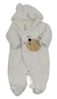 Bílá chlupatá zateplená kombinéza s medvídkem a kapucí