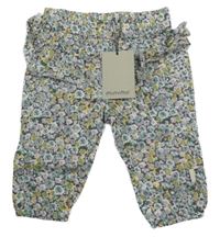 Nové - Šedo-zelené květované plátěné kalhoty s volánkem