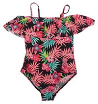 Černo-růžové květované jednodílné plavky s volánkem Primark 