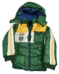 Zeleno-bílo-žlutá šusťáková prošívaná zimní bunda s odepínací kapucí 