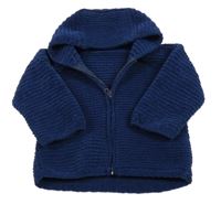 Tmavomodrý vzorovaný žinylkový propínací svetr s kapucí 