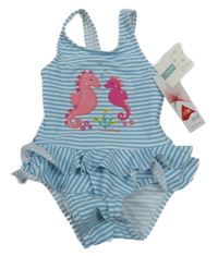 Nové - Světlemodro-bílé pruhované jednodílné plavky s mořskými koníky John Lewis