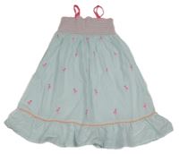 Bílo-tyrkysové plátěné žabičkové šaty s plameňáky 