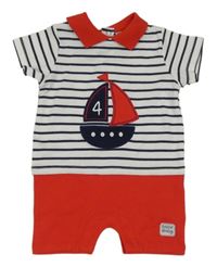 Pruhovano-červený kraťasový overal s plachetnicí Sailor