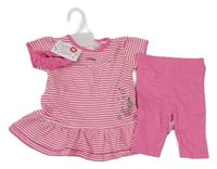 Nové - 3set - Růžovo-bílá pruhovaná tunika s kytičkami + růžové capri legíny + čelenka