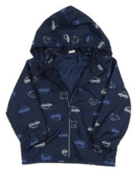 Tmavomodrá šusťáková jarní bunda s auty a odepínací kapucí H&M