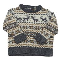 Smetanovo-šedo-hnědo-černý vzorovaný svetr s jeleny zn. Next