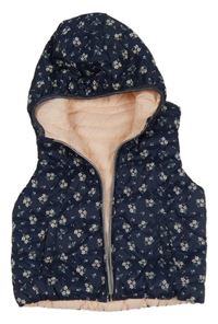 Tmavomodrá prošívaná šusťáková zateplená oboustranná vesta s kytičkami C&A