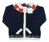 Nové - tmavomodro-bílý propínací svetr s nápisy a třpytivými srdíčky Chicco