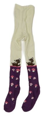 Smetanovo-purpurové teplé punčocháče se srnkami a muchomůrkami lupilu