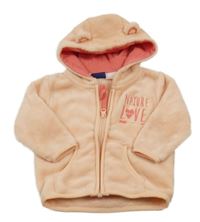 Meruňková plyšová bunda s nápisy a šípem a kapucí s oušky lupilu