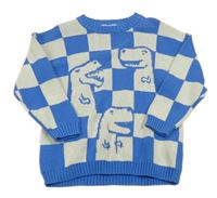 Modro-smetanový kostkovaný svetr s dinosaury H&M