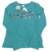 Nové - modrozelené triko s logem z překlápěcích flitrů GAP