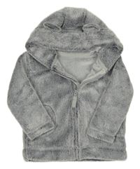 Šedo-bílá chlupatá bunda s kapucí s oušky George