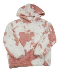 Bílo-starorůžová batikovaná chlupatá mikina s kapucí