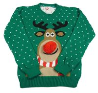 Zelený puntíkatý svetr se sobem s bambulí