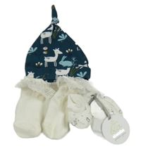 3set - Tmavozelená bavlněná čepice se srnkami + krémové ponožky s krajkou + textilní capáčky s tučňáky