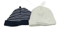 2x bavlněná čepice - tmavomodro-bílá pruhovaná + smetanová s nápisem