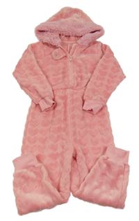 Růžová chlupatá kombinéza se srdíčky a kapucí Matalan