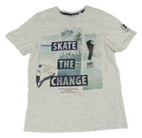 Bílé melírované tričko se skateboardistou a palmami C&A