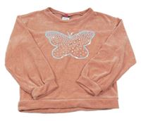 Broskvová sametová mikina s motýlkem z flitrů 