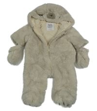 Světlebéžová kožešinová podšitá kombinéza s kapucí + rukavice F&F