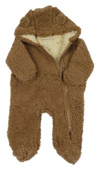 Hnědá huňatá podšitá kombinéza s kapucí 