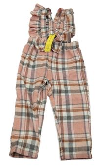 Nové - růžovo-šedé kostkované kalhoty s laclem Shein