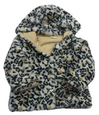 Béžovo-černá chlupatá podšitá propínací bunda s kapucí a leopardím vzorem Next