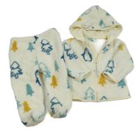 2set - Bílá huňatá propínací mikina se stromy a kapucí + huňaté polodupky LC Waikiki
