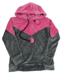 Růžovo-šedá plyšová mikina s kapucí s bambulemi 