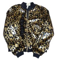 Tmavomodro-zlatý flitrový bomber s leopardím vzorem 