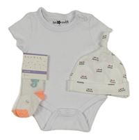 Nové - 3set - Bílé body + bílá čepice s nápisy + bílo-neonově korálové ponožky s podmořským koníkem 