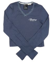 Šedomodré žebrované crop triko s nápisem a krajkou H&M