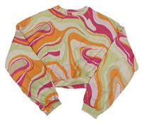 Svělezeleno-béžovo-růžovo-oranžová vzorovaná crop mikina H&M